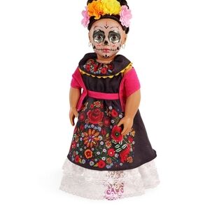 Floral Day of the Dead Doll with Pink and Black Dress